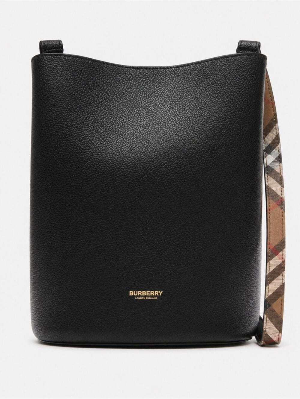 sale ends 9/12 Burberry Black Leather Bucket Bag with Check Strap